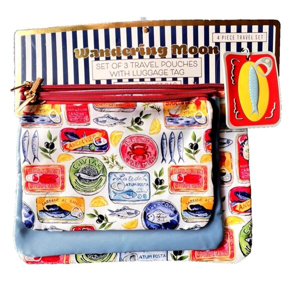 WONDERING MOON 3-Pc Travel Pouch Set + Luggage Tag Sardines Caviar Fish TRAVELER - Picture 1 of 4